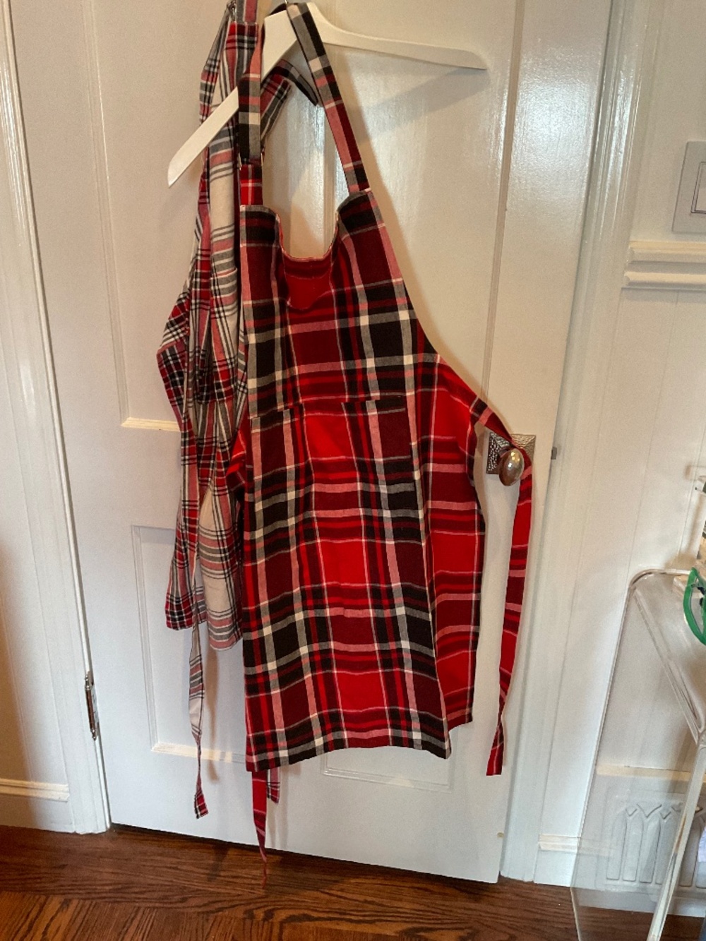 Pair of two plaid aprons from Lands End, unused